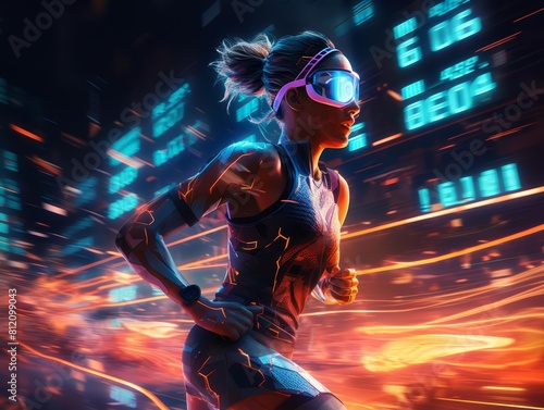 Envision an athlete running on a track made of glowing digital codes, in a neonlit cyberpunk aesthetic, with a banner that speeds into the digital age