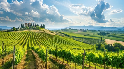 A picturesque vineyard in Tuscany with rows of grapevines and rolling hills