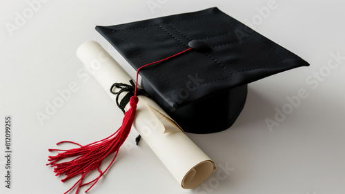 A black graduation cap with a red tassel next to a rolled-up diploma tied with black ribbon, on a white background.