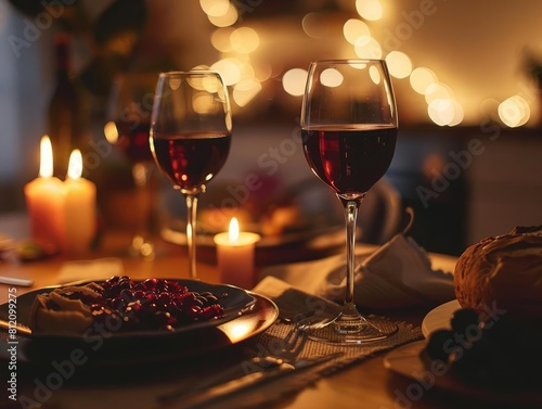 A romantic dinner setting with candlelight and wine glasses filled with Chianti