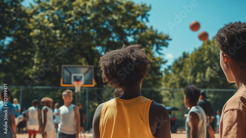 eens gathered at a community park for a friendly sports tournament, competing in basketball, soccer, and other outdoor games. Dynamic and dramatic composition, with copy space photo
