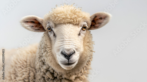 Sheep standing in front of white background copy space. Close-up of a white lamb looking at camera. Generative AI 