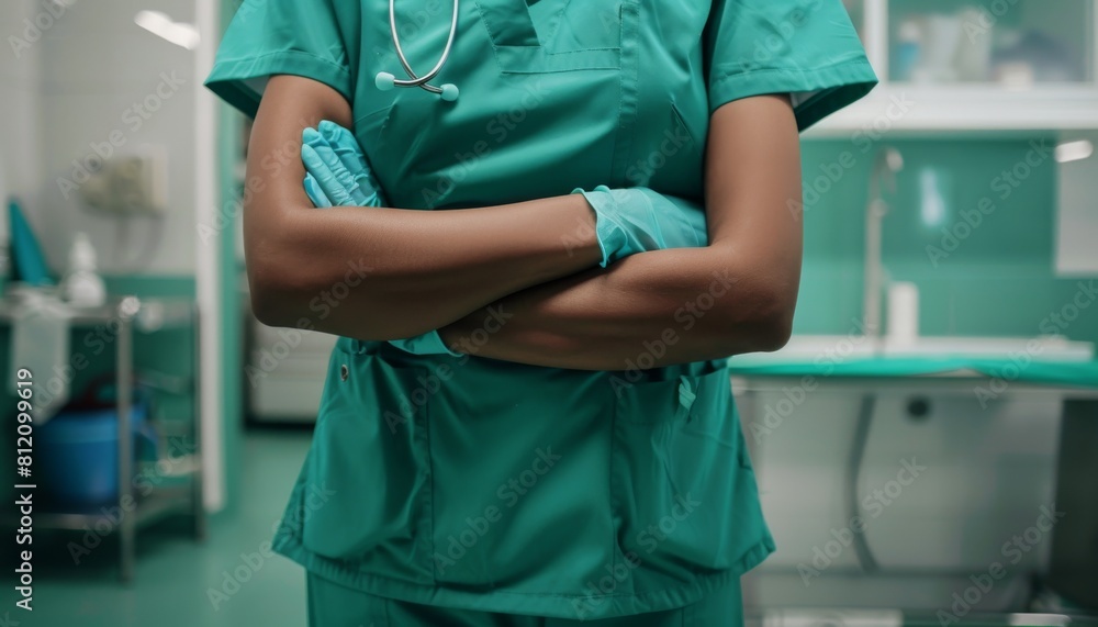 Focused shot of a healthcare providers torso in clean green scrubs, showcasing the standard attire for medical personnel Focused shot of a healthcare providers torso in clean green scrubs, showcasing the standard attire for medical personnel