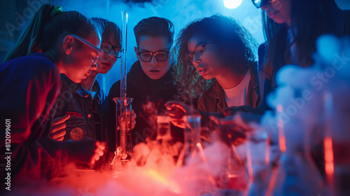 Teenagers gathered at a DIY science experiment party, conducting fun and educational experiments together under the guidance of a mentor. Dynamic and dramatic composition, with cop photo