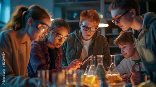 Teenagers gathered at a DIY science experiment party, conducting fun and educational experiments together under the guidance of a mentor. Dynamic and dramatic composition, with cop photo
