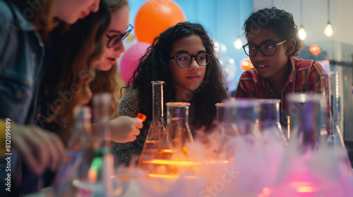 Teenagers gathered at a DIY science experiment party, conducting fun and educational experiments together under the guidance of a mentor. Dynamic and dramatic composition, with cop