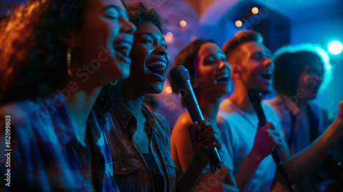 A group of friends hosting a karaoke night, belting out their favorite tunes and cheering each other on as they take the stage. Dynamic and dramatic composition, with copy space