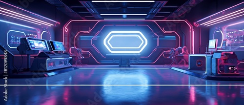 Futuristic neon of a cuttingedge robotics lab, designed in futuristic styles and punctuated by a banner template sharpen with copy space for technology highlights photo