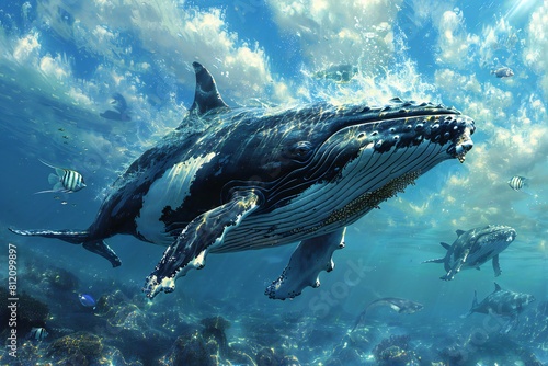 Humpback whale swimming in a tropical ocean, Underwater world