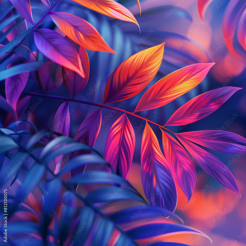 Botanical neon background with leaves in violet, orange, purple colors
