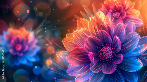 Abstract neon background with flowers in violet  orange  purple colors