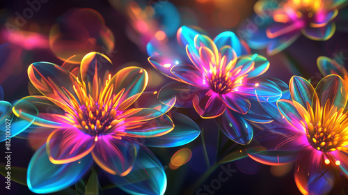 Abstract neon background with flowers in violet, orange, purple colors