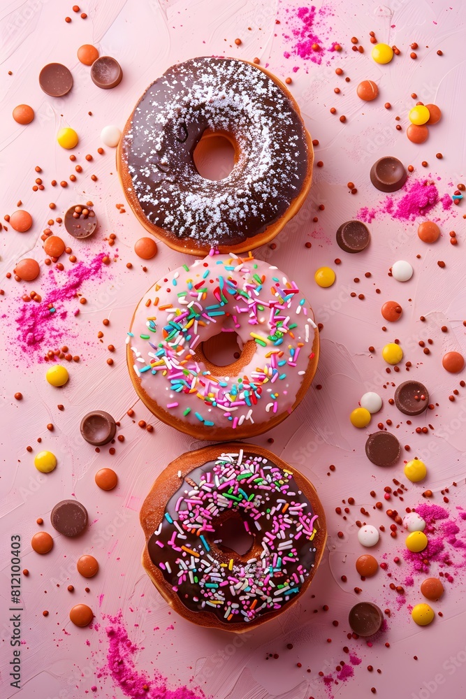 Delicious donuts, perfect for any occasion, culinary wonders sprinkled with sweet powdered sugar, chocolate, biscuit crumbs, and cream. Delicious donuts, perfect for any occasion, culinary wonders sprinkled with sweet powdered sugar, chocolate, biscuit crumbs, and cream.