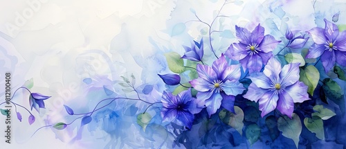 On the watercolor canvas  clematis vines weave their twining tendrils  adorned with star-shaped blooms in hues of purple  blue  and white. Their whimsical display transforms the scene into a charming 