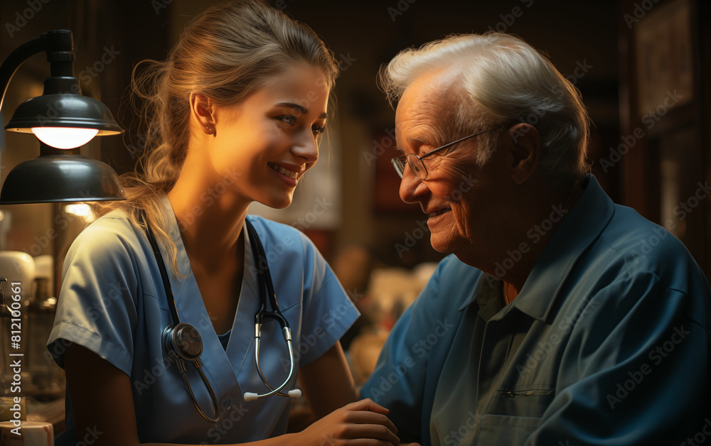 Fototapeta premium Nurse and elderly man sitting at table. Generative AI