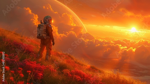 An astronaut stands on a lush  alien planet  looking out at a breathtaking sunset.