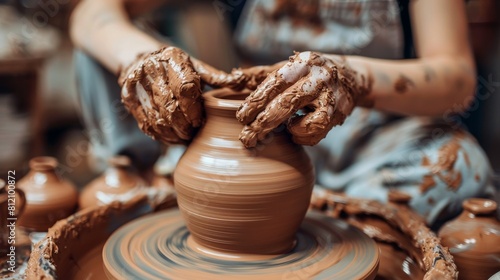 Potter shapes clay on the wheel with skilled hands, crafting a vase amidst a blur of motion. Created with Generative AI