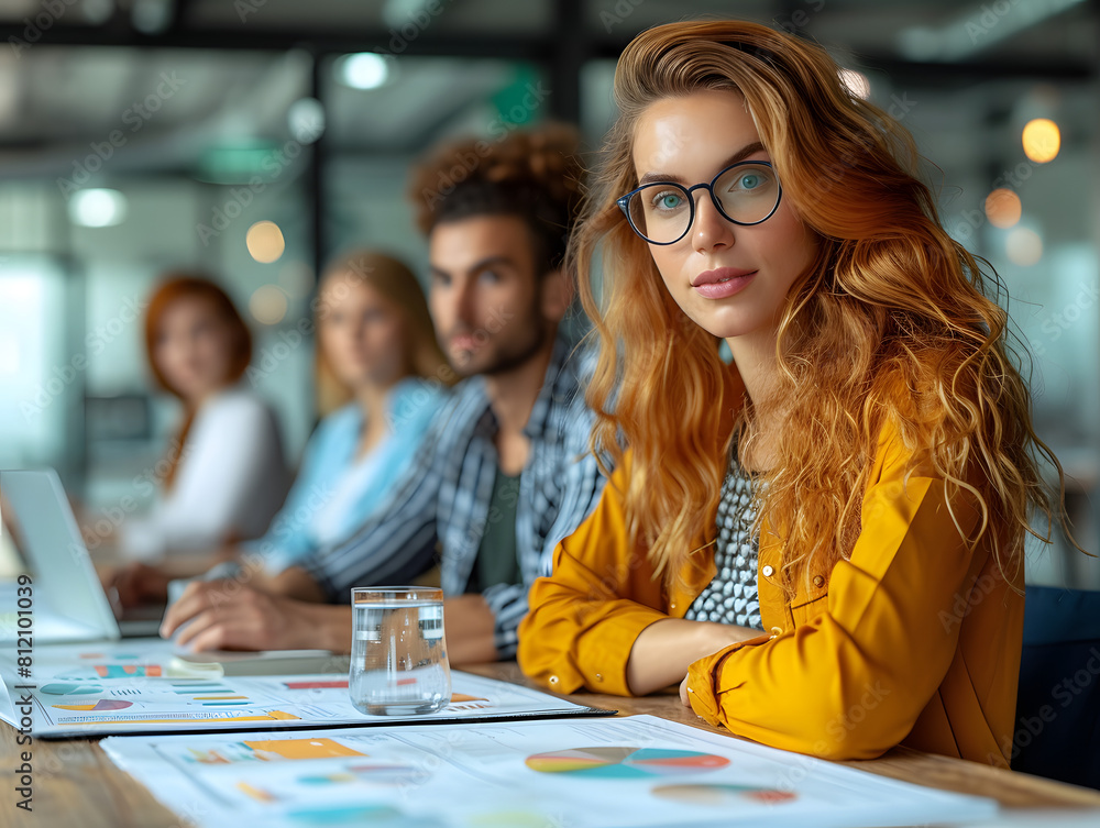Young professionals in a business meeting at a modern office. Close-up portrait with focused female leader. Corporate teamwork and leadership concept for design and print Young professionals in a business meeting at a modern office. Close-up portrait with focused female leader. Corporate teamwork and leadership concept for design and print