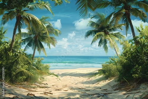 Tropical beach with palm trees and sand, Seascape