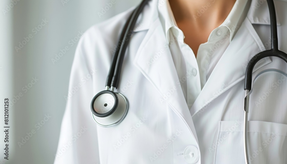 Crisp image of a medical professional s torso in a white gown, symbolizing purity and healthcare professionalism Crisp image of a medical professional s torso in a white gown, symbolizing purity and healthcare professionalism