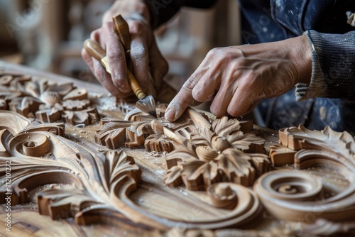 Artisan hands meticulously carving a detailed floral design on wood. Created with Generative AI photo