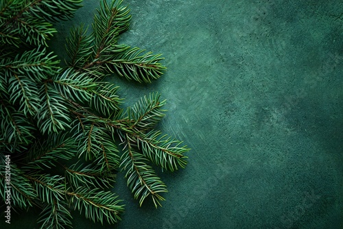 Christmas fir branch on green background flat lay copy space photo