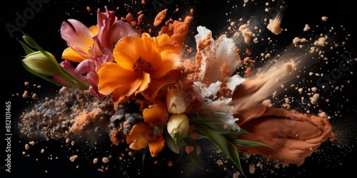 Organic cosmetics burst forth in an explosion scattering across a dark background, highlighting their natural and crueltyfree essence photo