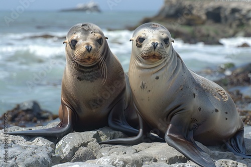 Two sea lions (Zalophus californianus) on the rocks photo