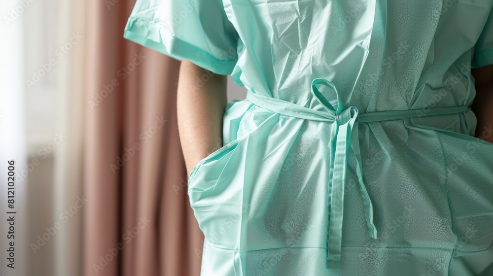 Closeup of a patients torso in a mint green hospital gown, isolated against a soft, neutral background for a calming effect Closeup of a patients torso in a mint green hospital gown, isolated against a soft, neutral background for a calming effect
