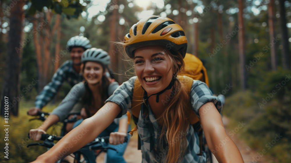 A young woman smiling and cycling in the forest with friends. A young woman smiling and cycling in the forest with friends.