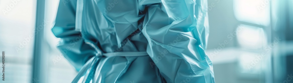 Closeup of a patients torso in a light blue hospital gown, isolated against a clean, white background for a calming effect Closeup of a patients torso in a light blue hospital gown, isolated against a clean, white background for a calming effect