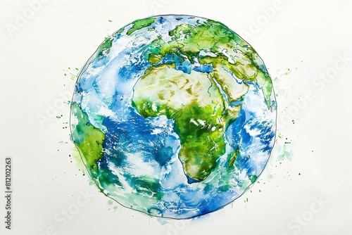 Watercolor earth globe with outline green and blue © Huyen