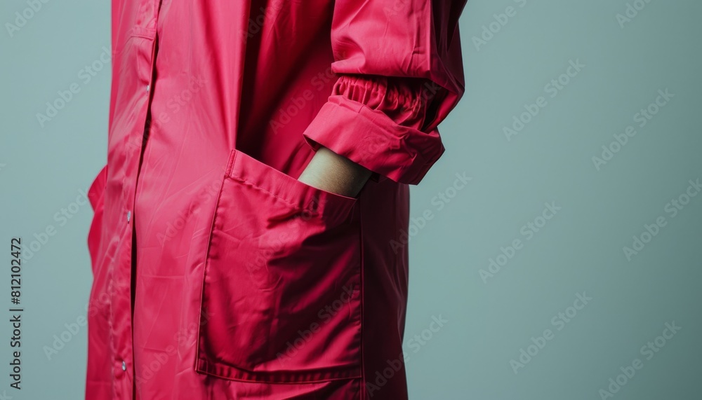 Closeup of a patients torso in a crimson hospital gown, isolated against a soft grey background for a striking contrast Closeup of a patients torso in a crimson hospital gown, isolated against a soft grey background for a striking contrast