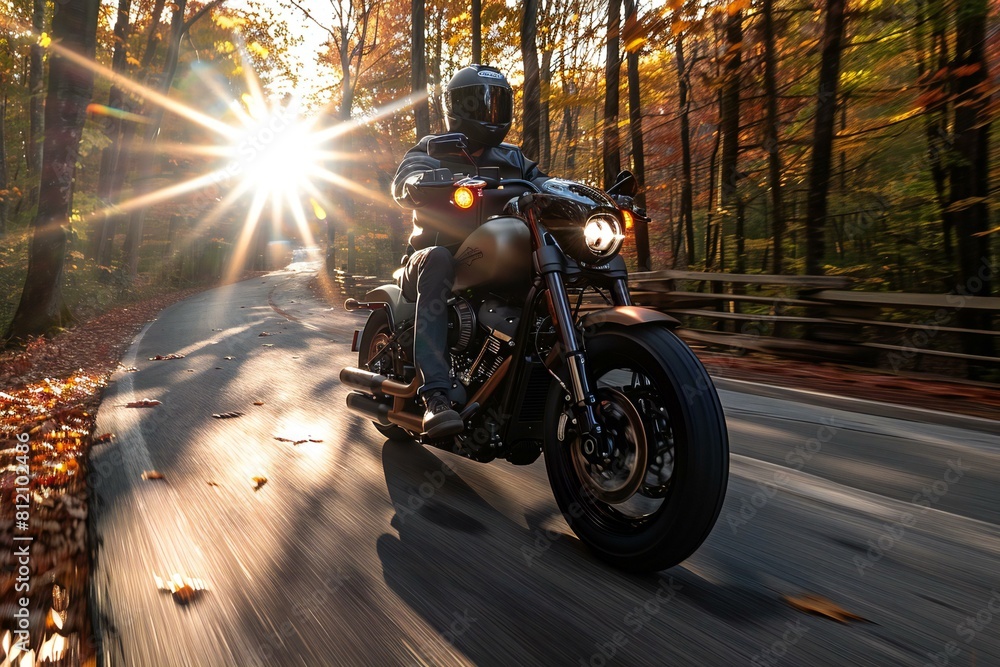 Digital image of  motorcyclist is riding down a road in the woods