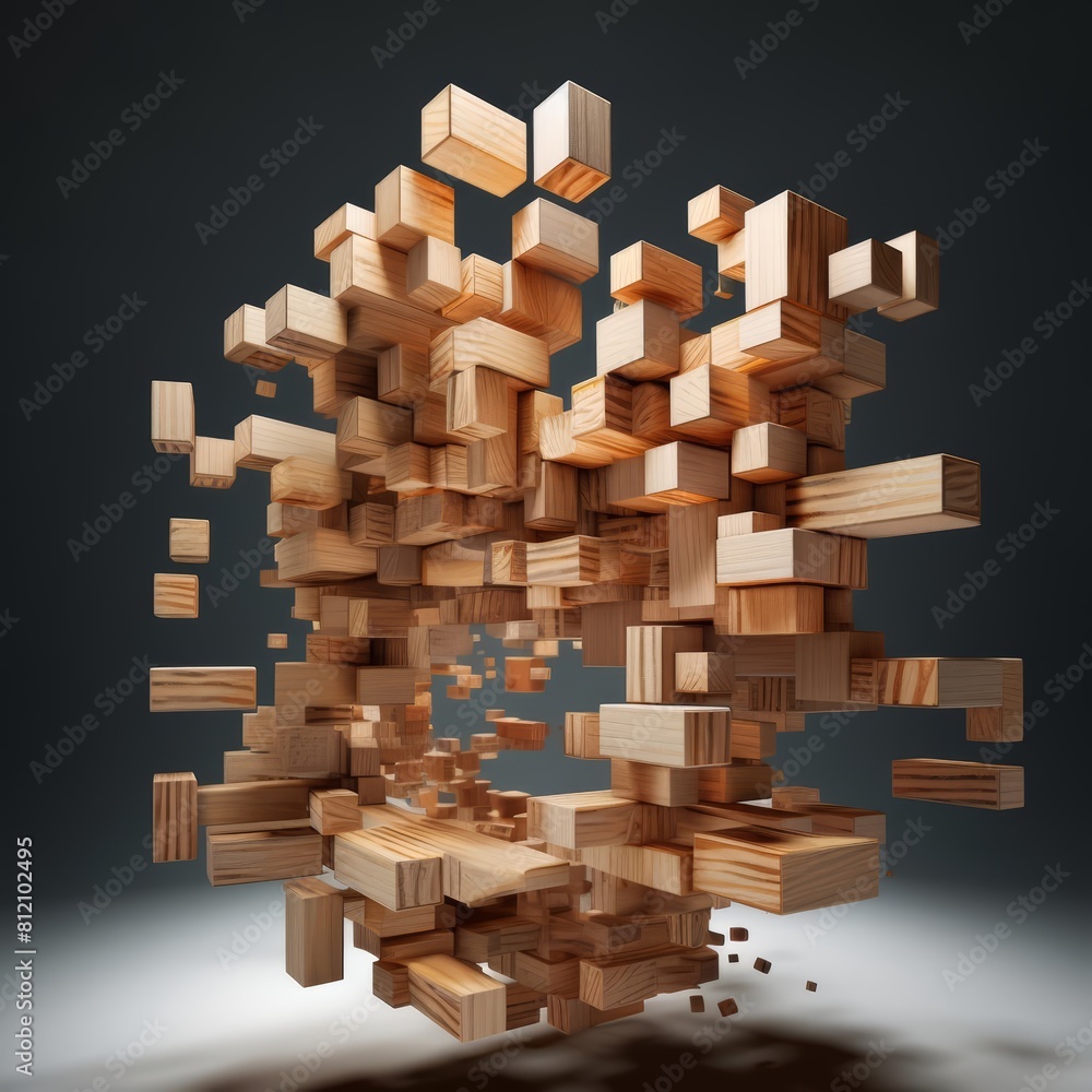 The digital artwork conveys the idea of progress and advancement in business by depicting a skillfully crafted structure of wooden blocks as a symbolic representation of success The digital artwork conveys the idea of progress and advancement in business by depicting a skillfully crafted structure of wooden blocks as a symbolic representation of success