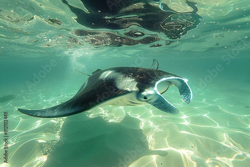 Manta Ray swimming in the ocean, Santa Cruz Island, Galapagos, Ecuador photo