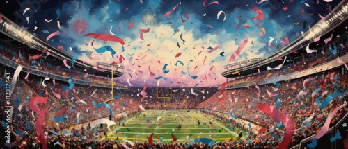 The football stadium is alive with energy as confetti flutters and dances in the breeze photo