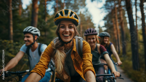 A young woman smiling and cycling in the forest with friends. © tiagozr