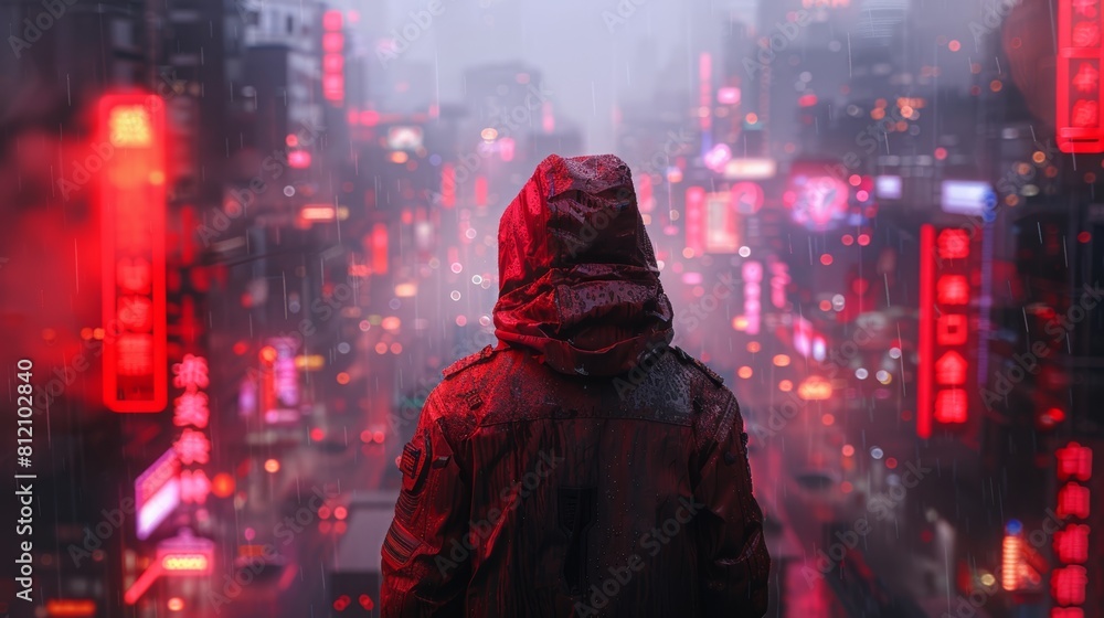 A hacker in a red hoodie standing in the rain and looking at the city. A hacker in a red hoodie standing in the rain and looking at the city.