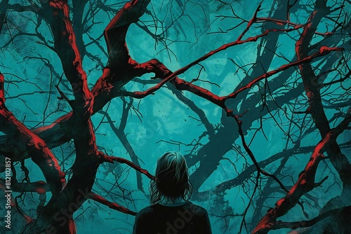 A person in front of branches that are part of a tree in red?