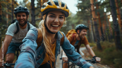 A close-up selfie of a young woman biking with friends in a forest. © tiagozr