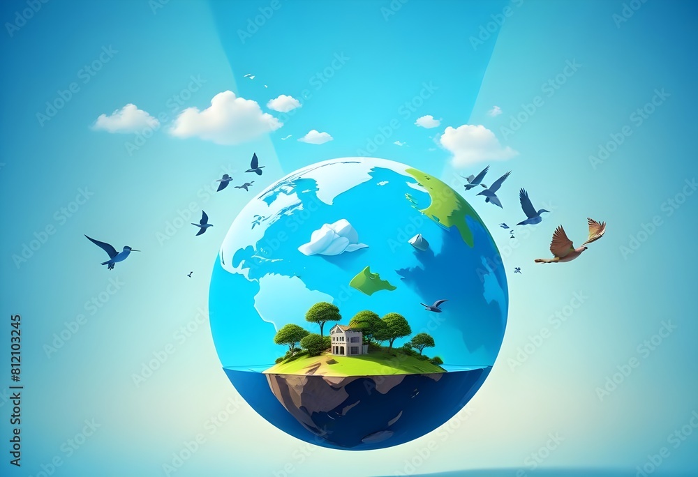 Fototapeta premium World environment day with trees mountains buildings water blue sky clouds and world globe behind all of them 3d concept