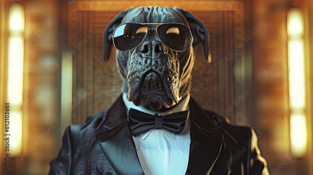 Boxer dog wearing sunglasses and tuxedo. Studio pet portrait with golden bokeh background. Elegant and sophisticated concept. Design for poster, greeting card Boxer dog wearing sunglasses and tuxedo. Studio pet portrait with golden bokeh background. Elegant and sophisticated concept. Design for poster, greeting card