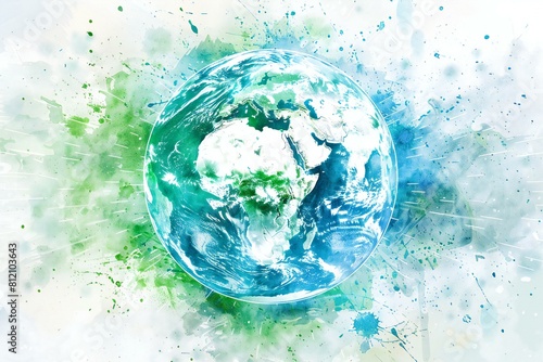 Watercolor earth globe with outline green and blue