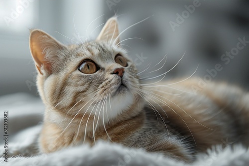 Cute cat lying on sofa at home, closeup, Lovely pet