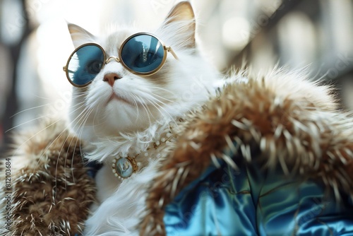 Fashionable white cat wearing blue sunglasses and fur coat in the city