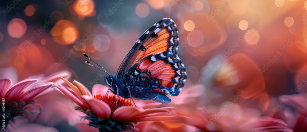A butterfly is sitting on top of pink flowers. A butterfly is sitting on top of pink flowers.