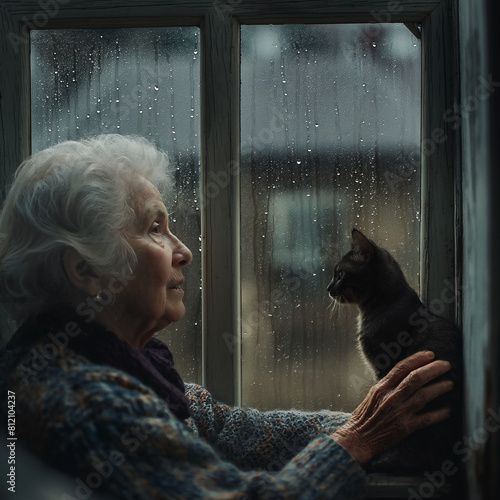 Senior woman solitude, loneliness during at home. Concept of social isolation. Woman looking out of a window.