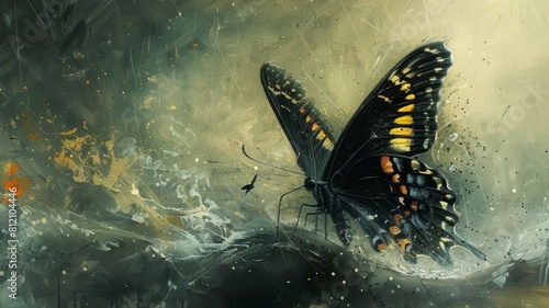 Black and yellow butterfly emerges from stormy sea. photo