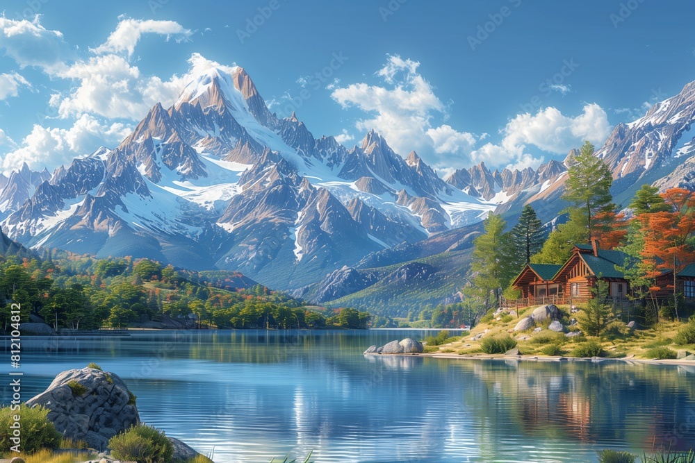 Vibrant vector illustration of a cozy cabin by a pristine lake, with the dramatic mountains of Bariloche in the background. Vibrant vector illustration of a cozy cabin by a pristine lake, with the dramatic mountains of Bariloche in the background.